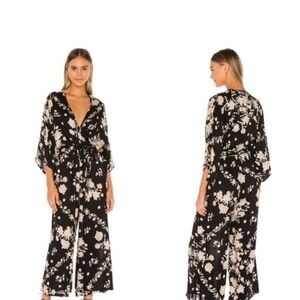 Jen’s Pirate Booty Obsidian Spanish Rose Wide Leg Jumpsuit Black Cream Size L
